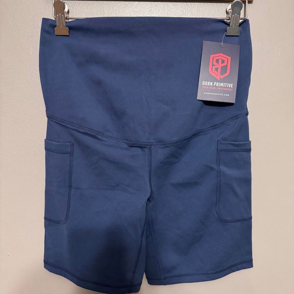 Born Primitive blue maternity bike shorts with side pockets size large NWT